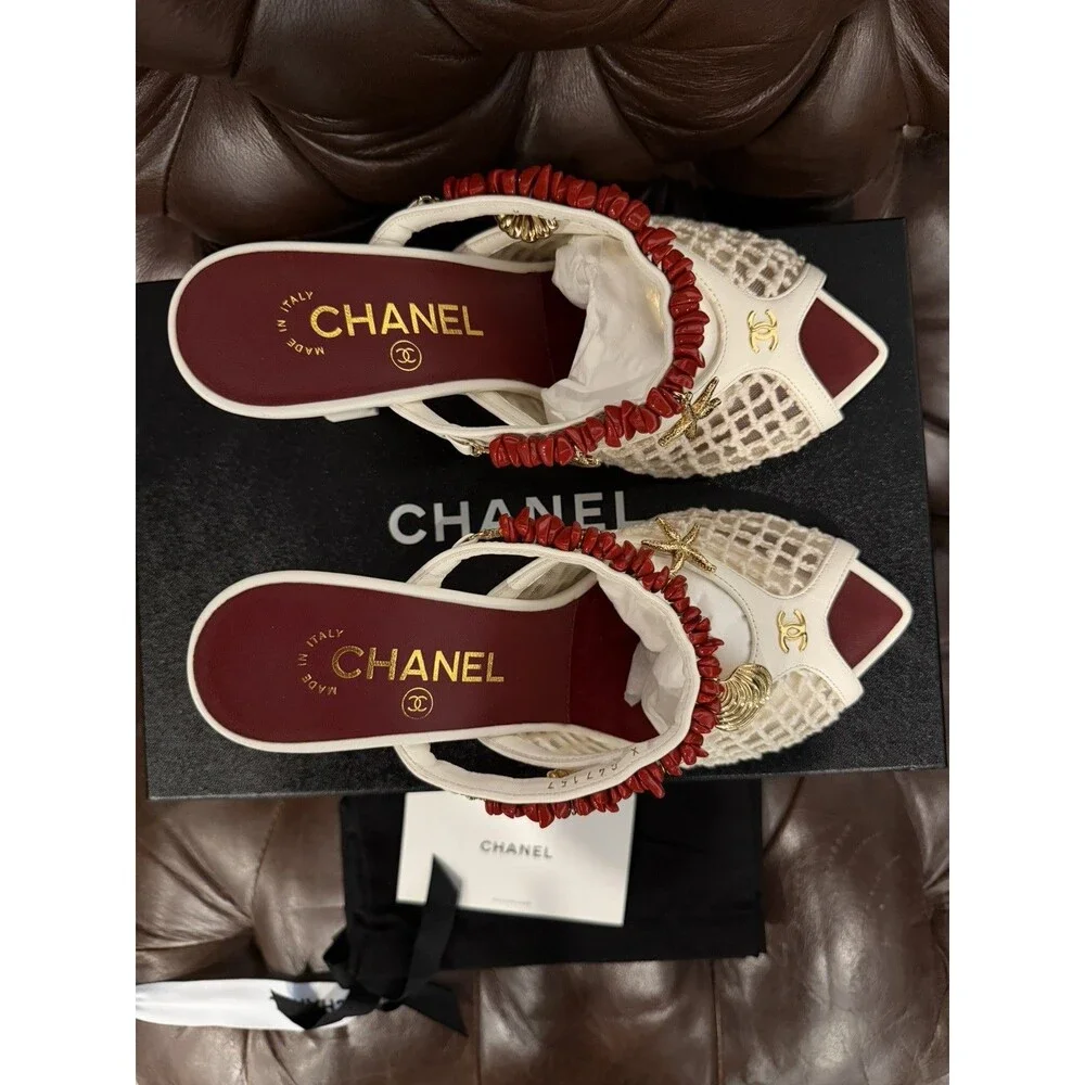 NEW Chanel 26M Coco Beach Mules Ivory Mesh/Cotton/Lambskin/Resin/Metal 36.5 - Picture 8 of 9